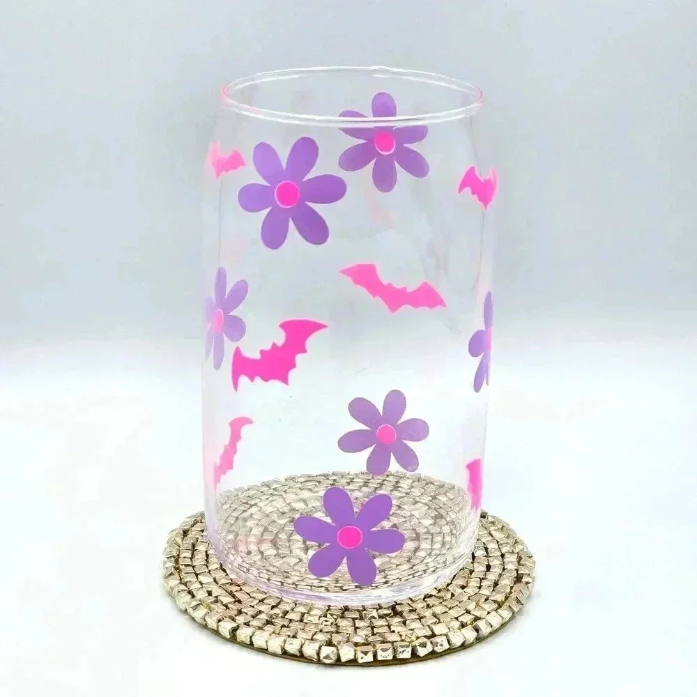 Bats and Flowers Purple Pink‎ 16oz Beer Can Glass Cup NWT